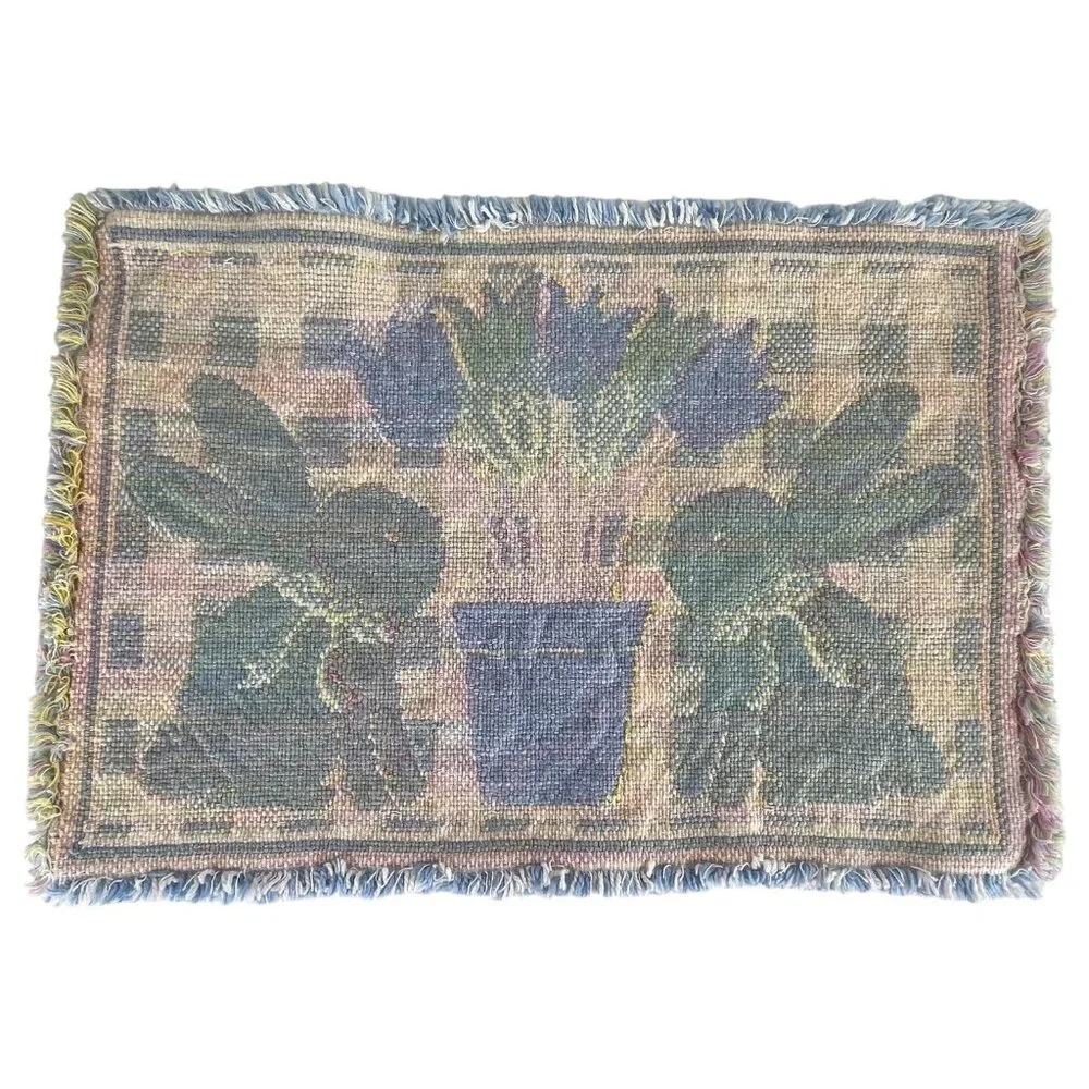 Set Of 2 Easter Woven Placemat Bunny Rabbit & Tulip Design Pink Yellow Blue